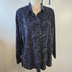 Capacity Woman Paisley Button Up Top Black Long Sleeve Blouse 1X Whimsygoth